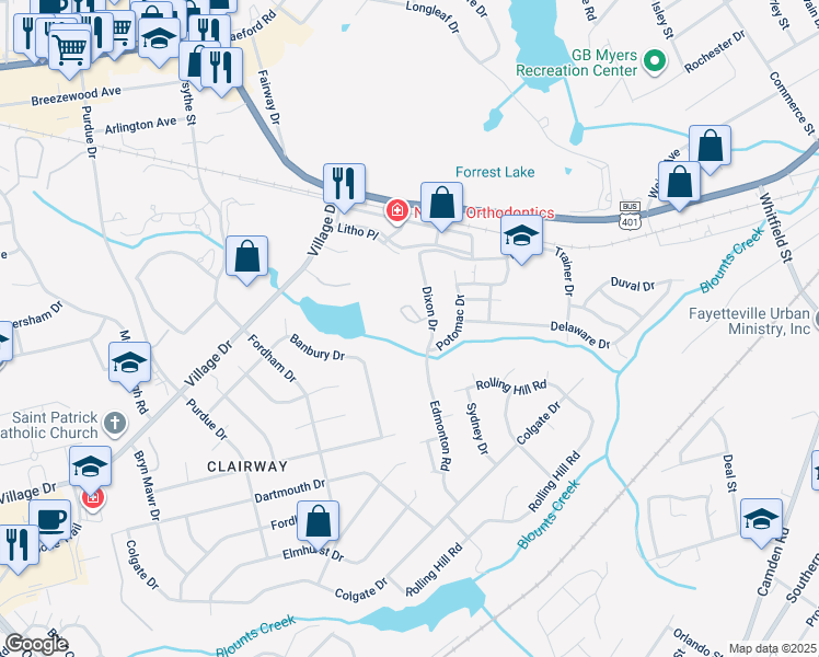 map of restaurants, bars, coffee shops, grocery stores, and more near 824 Sage Creek Lane in Fayetteville