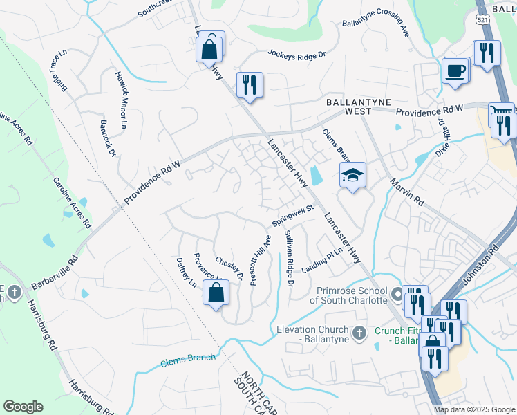 map of restaurants, bars, coffee shops, grocery stores, and more near 12133 Valley Oak Street in Charlotte