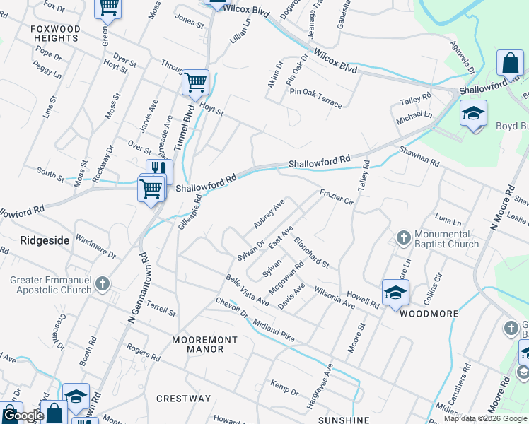 map of restaurants, bars, coffee shops, grocery stores, and more near 827 Aubrey Avenue in Chattanooga