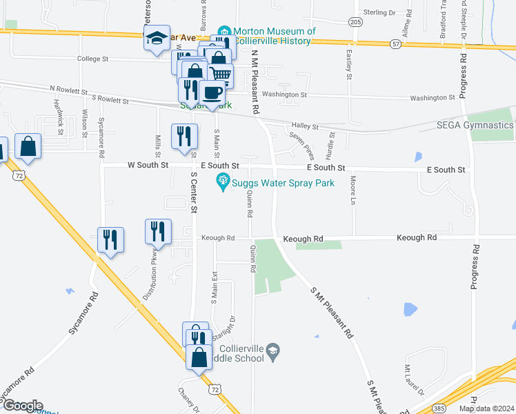 map of restaurants, bars, coffee shops, grocery stores, and more near 304 Quinn Road in Collierville