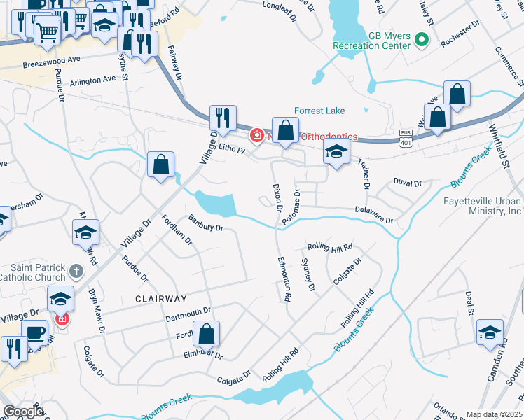 map of restaurants, bars, coffee shops, grocery stores, and more near 824 Sage Creek Lane in Fayetteville