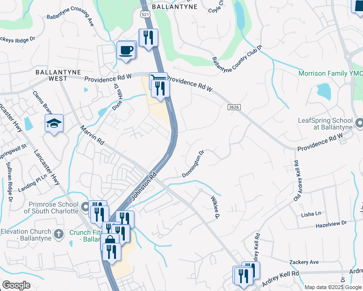 map of restaurants, bars, coffee shops, grocery stores, and more near 15491 Occum Place in Charlotte
