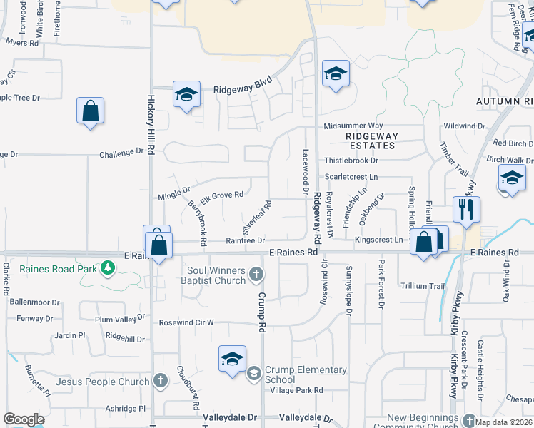 map of restaurants, bars, coffee shops, grocery stores, and more near 4084 Silverleaf Road in Memphis