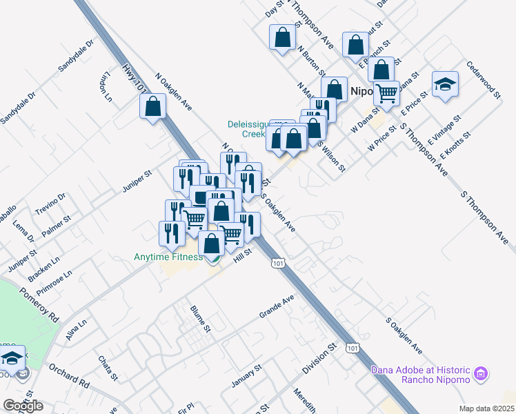map of restaurants, bars, coffee shops, grocery stores, and more near 449 West Tefft Street in Nipomo