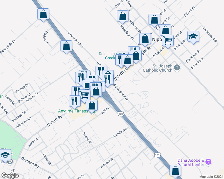 map of restaurants, bars, coffee shops, grocery stores, and more near 449 West Tefft Street in Nipomo
