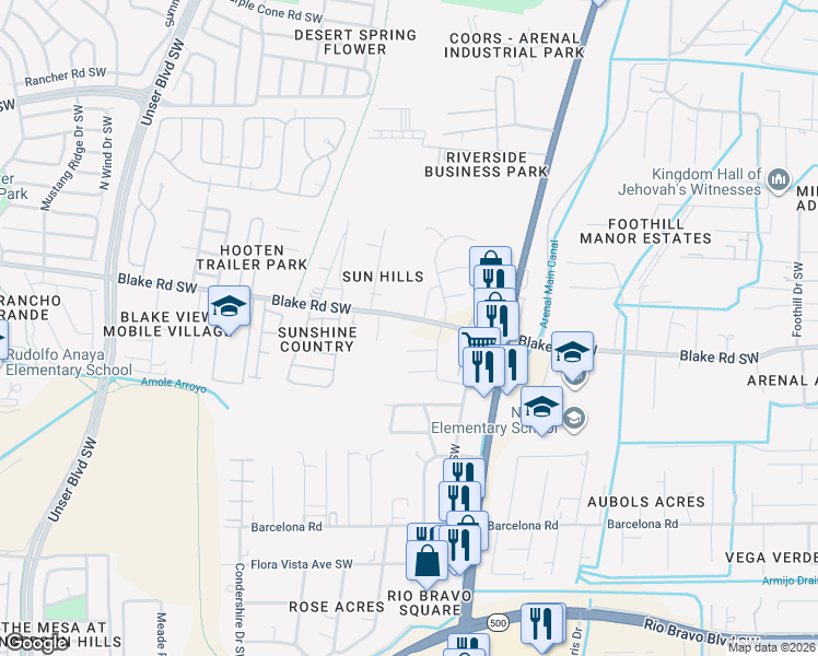 map of restaurants, bars, coffee shops, grocery stores, and more near 3816 Blake Road Southwest in Albuquerque