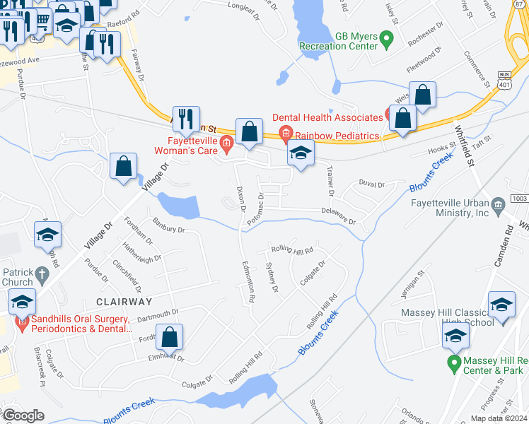 map of restaurants, bars, coffee shops, grocery stores, and more near 2995 Delaware Drive in Fayetteville