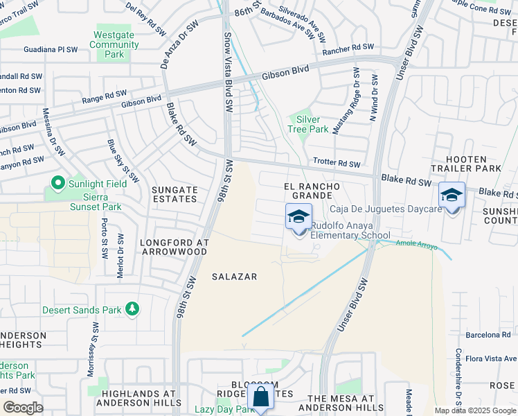 map of restaurants, bars, coffee shops, grocery stores, and more near 9519 Valle Vidal Place Southwest in Albuquerque