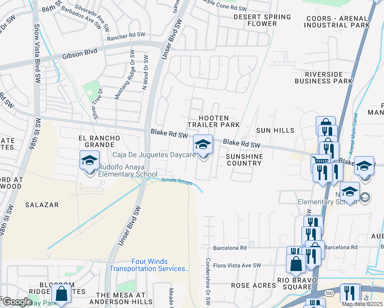 map of restaurants, bars, coffee shops, grocery stores, and more near 2832 Wendell Road Southwest in Albuquerque