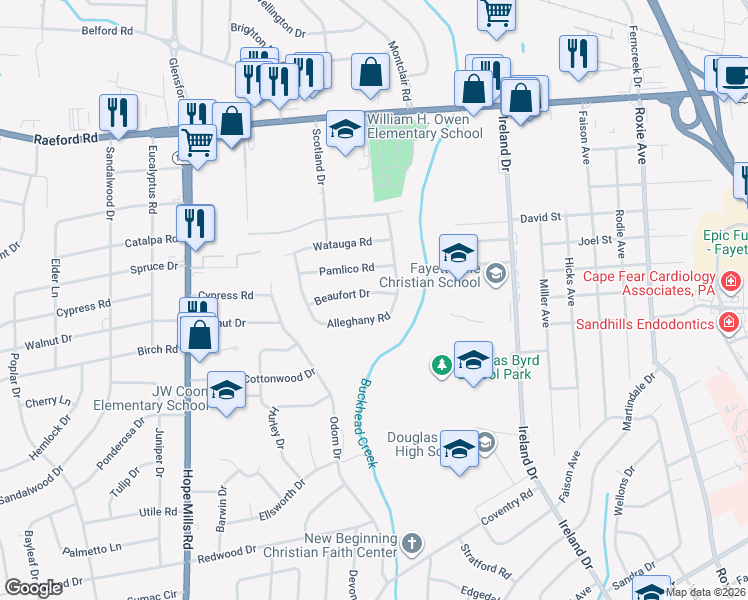 map of restaurants, bars, coffee shops, grocery stores, and more near 4701 Beaufort Drive in Fayetteville