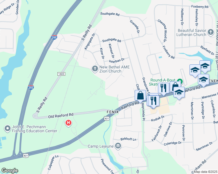 map of restaurants, bars, coffee shops, grocery stores, and more near 1378 Worstead Drive in Fayetteville