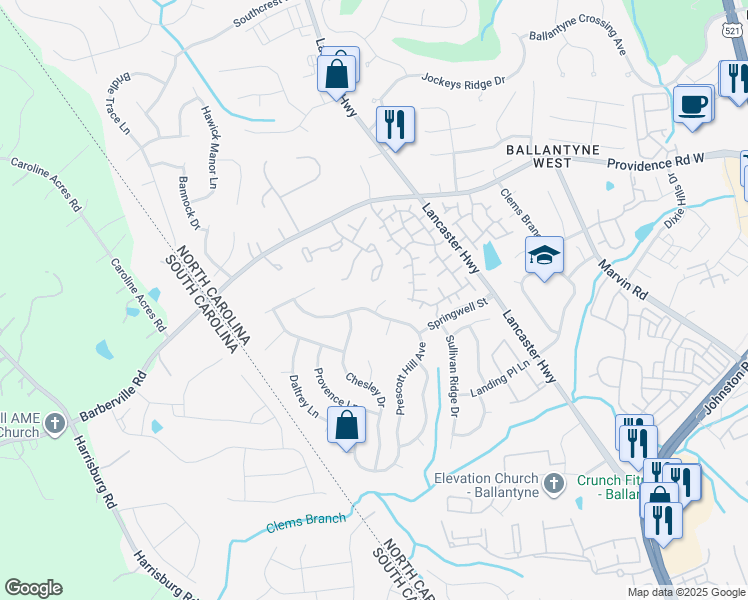 map of restaurants, bars, coffee shops, grocery stores, and more near 12112 Crescent Run Court in Charlotte