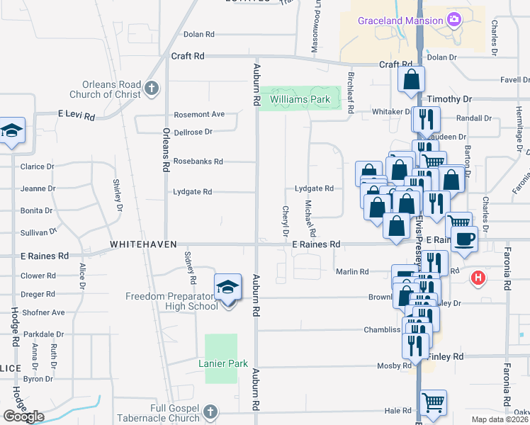 map of restaurants, bars, coffee shops, grocery stores, and more near 4094 Auburn Road in Memphis