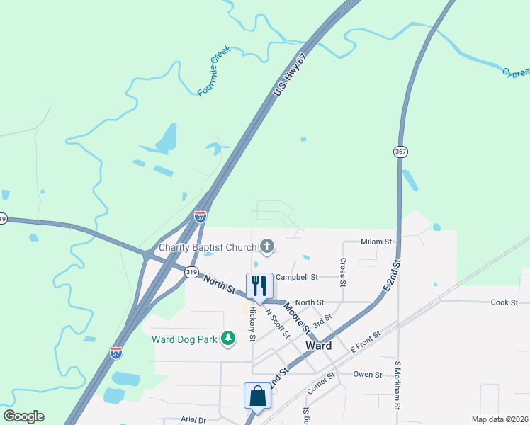 map of restaurants, bars, coffee shops, grocery stores, and more near 401 Balding in Ward