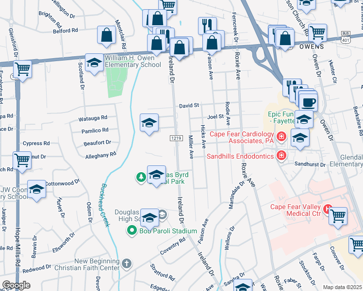 map of restaurants, bars, coffee shops, grocery stores, and more near 1429 Ireland Drive in Fayetteville