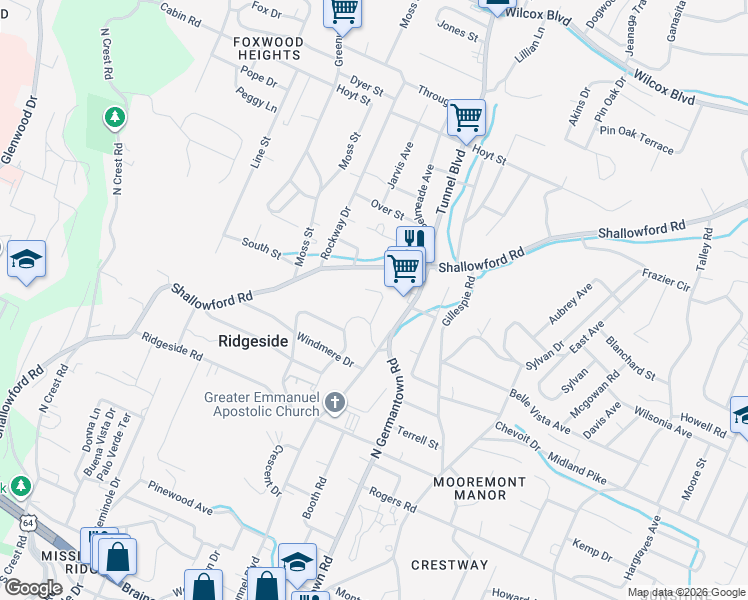 map of restaurants, bars, coffee shops, grocery stores, and more near 8 North Lynncrest Drive in Chattanooga