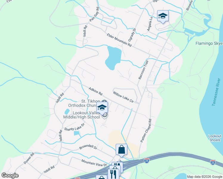 map of restaurants, bars, coffee shops, grocery stores, and more near 3546 Willow Lake Circle in Chattanooga
