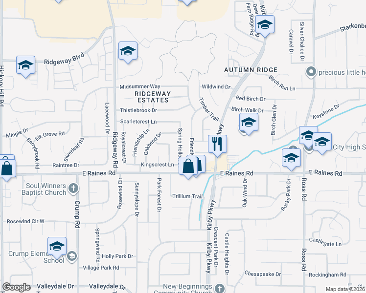 map of restaurants, bars, coffee shops, grocery stores, and more near 4087 Friendly Way in Memphis