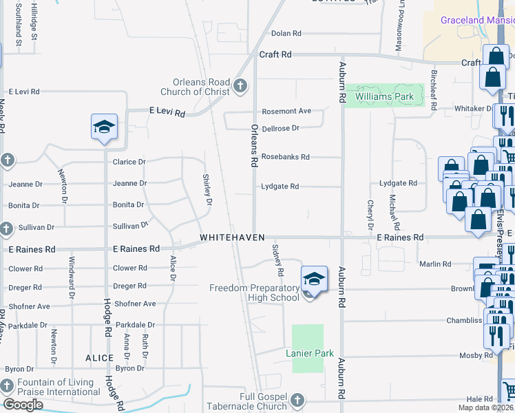 map of restaurants, bars, coffee shops, grocery stores, and more near 4094 Orleans Road in Memphis