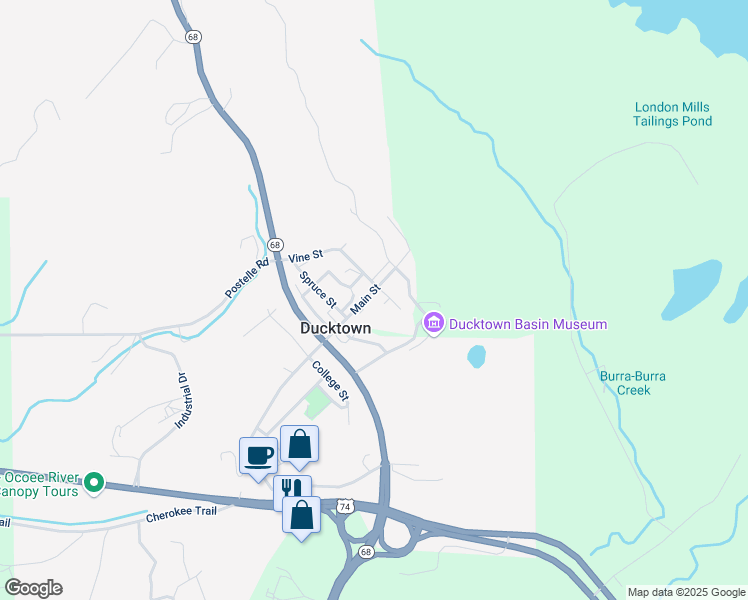 map of restaurants, bars, coffee shops, grocery stores, and more near 356 Main Street in Ducktown
