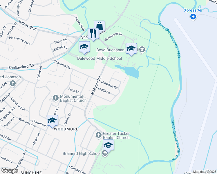 map of restaurants, bars, coffee shops, grocery stores, and more near 4612 Shawhan Road in Chattanooga