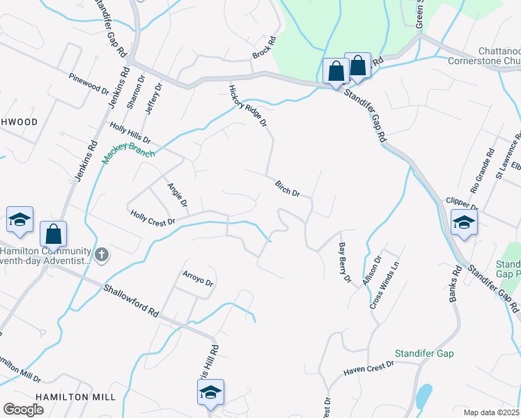 map of restaurants, bars, coffee shops, grocery stores, and more near 8214 Holly Crest Drive in Chattanooga