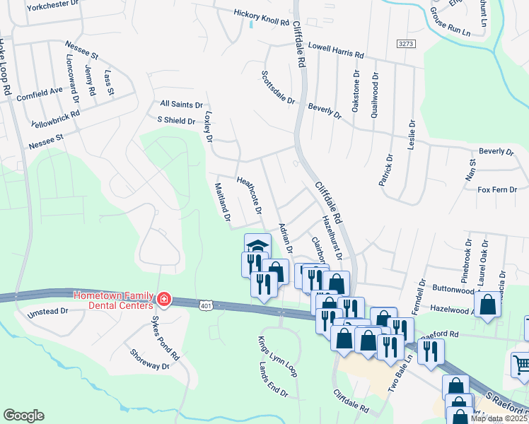map of restaurants, bars, coffee shops, grocery stores, and more near 2165 Heathcote Drive in Fayetteville