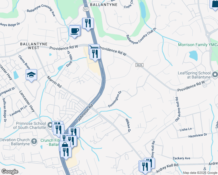 map of restaurants, bars, coffee shops, grocery stores, and more near 15491 Occum Place in Charlotte