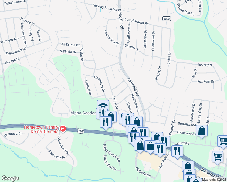map of restaurants, bars, coffee shops, grocery stores, and more near 7787 Adrian Drive in Fayetteville