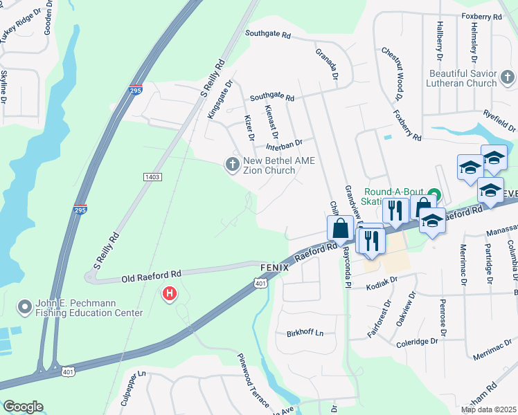 map of restaurants, bars, coffee shops, grocery stores, and more near 1386 Worstead Drive in Fayetteville