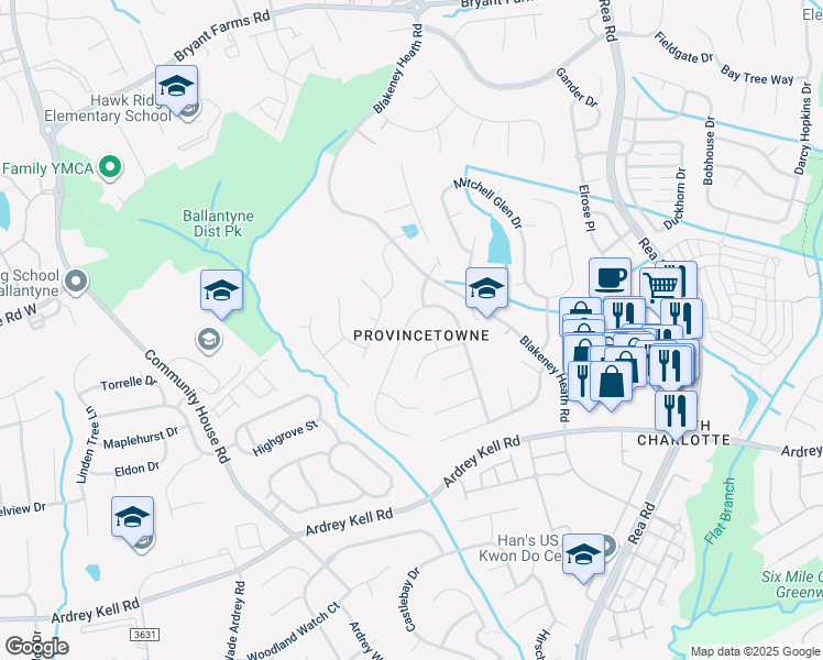 map of restaurants, bars, coffee shops, grocery stores, and more near 8608 Grey Squirrel Court in Charlotte