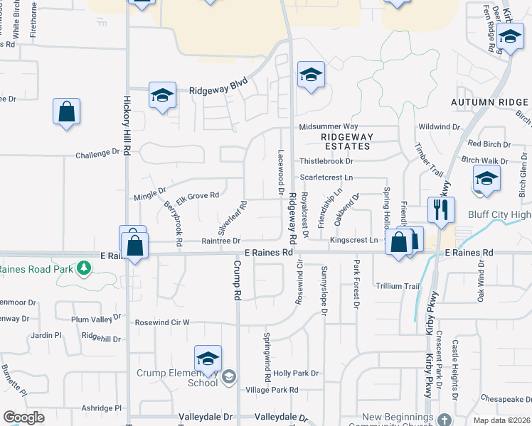 map of restaurants, bars, coffee shops, grocery stores, and more near 6168 Lacewood Cove in Memphis