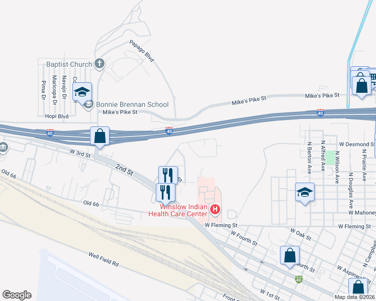 map of restaurants, bars, coffee shops, grocery stores, and more near 2055 Round House Drive in Winslow