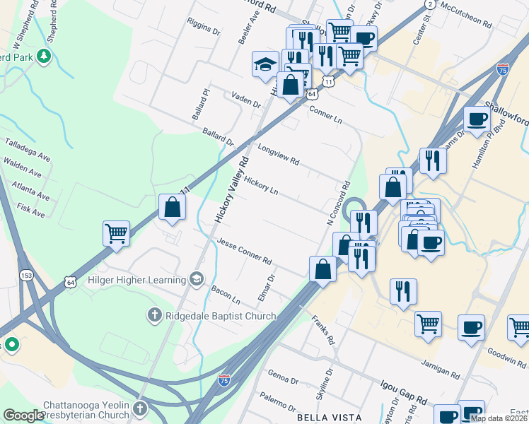 map of restaurants, bars, coffee shops, grocery stores, and more near 6903 Hickory View Lane in Chattanooga