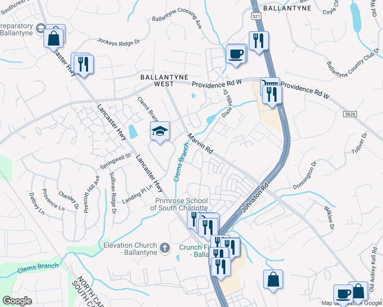 map of restaurants, bars, coffee shops, grocery stores, and more near 11034 Dixie Hills Drive in Charlotte