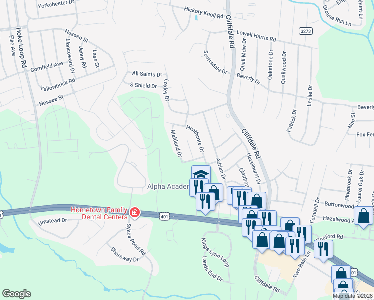 map of restaurants, bars, coffee shops, grocery stores, and more near 2020 Roswell Drive in Fayetteville