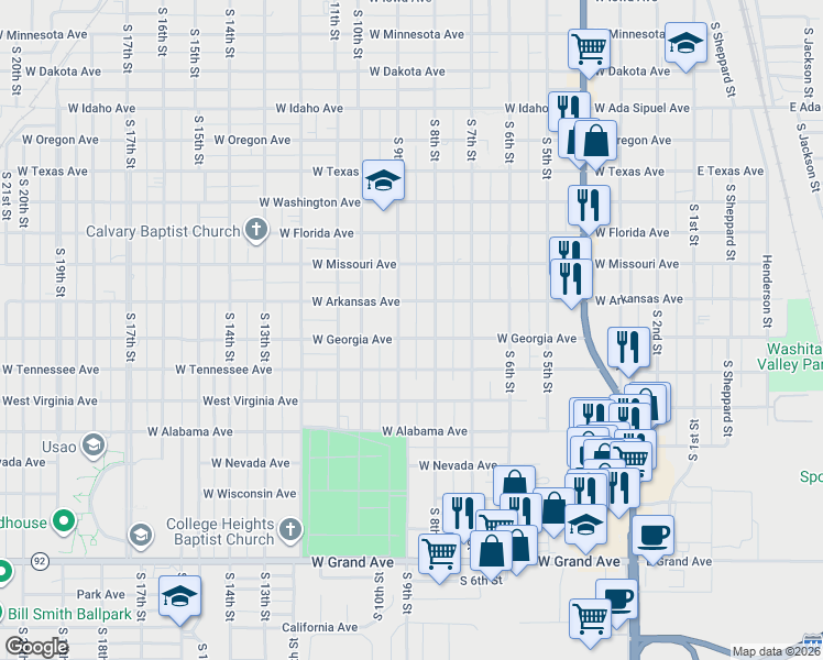 map of restaurants, bars, coffee shops, grocery stores, and more near 1327 South 9th Street in Chickasha