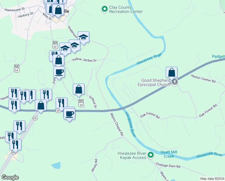 map of restaurants, bars, coffee shops, grocery stores, and more near 163 Rivers Edge Drive in Hayesville