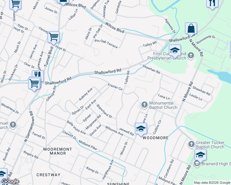 map of restaurants, bars, coffee shops, grocery stores, and more near 918 Sylvan Avenue in Chattanooga