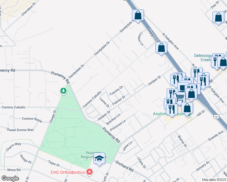 map of restaurants, bars, coffee shops, grocery stores, and more near 292 Trevino Drive in Nipomo