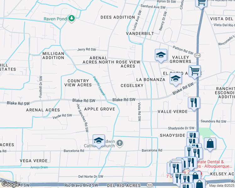map of restaurants, bars, coffee shops, grocery stores, and more near 2530 Tapia Boulevard Southwest in Albuquerque