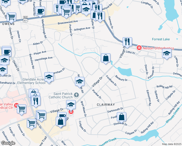 map of restaurants, bars, coffee shops, grocery stores, and more near 1846 Fordham Drive in Fayetteville