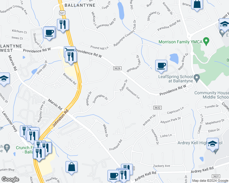 map of restaurants, bars, coffee shops, grocery stores, and more near 10500 Sutherby Drive in Charlotte