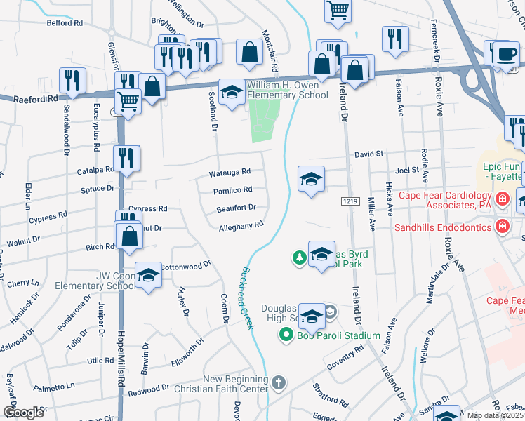 map of restaurants, bars, coffee shops, grocery stores, and more near 4701 Beaufort Drive in Fayetteville