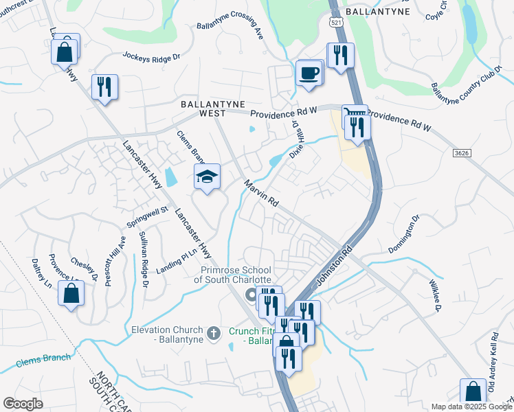 map of restaurants, bars, coffee shops, grocery stores, and more near 15504 Stronvar House Lane in Charlotte