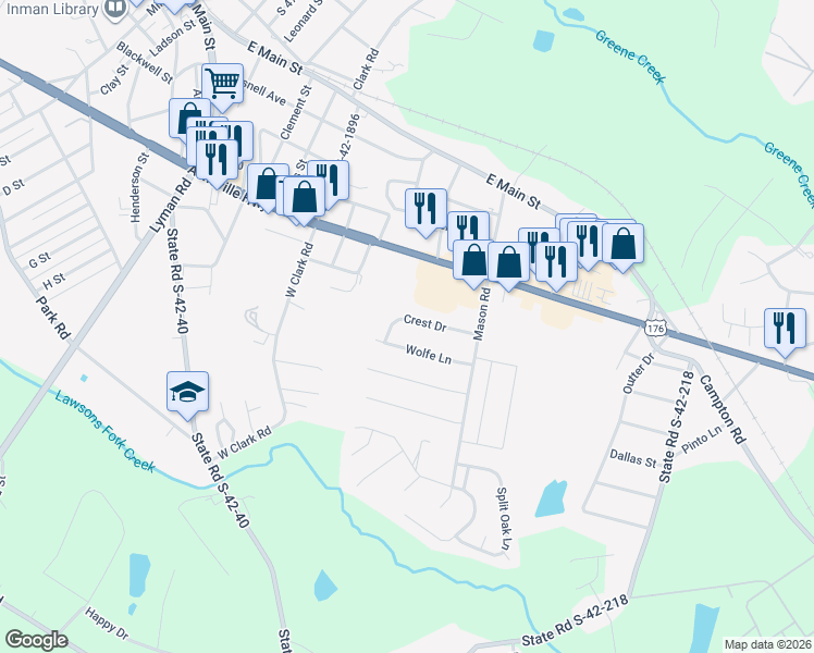 map of restaurants, bars, coffee shops, grocery stores, and more near 333 Crest Drive in Inman