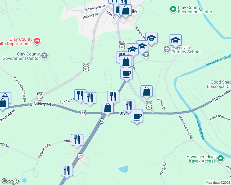 map of restaurants, bars, coffee shops, grocery stores, and more near 72 Fort Hembree Road in Hayesville