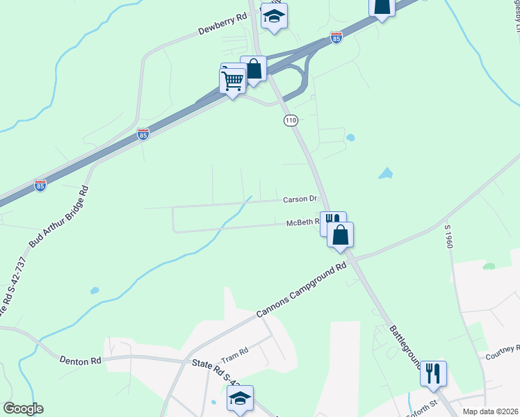 map of restaurants, bars, coffee shops, grocery stores, and more near 127 Carson Drive in Cowpens
