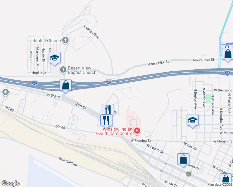 map of restaurants, bars, coffee shops, grocery stores, and more near 2055 Round House Drive in Winslow
