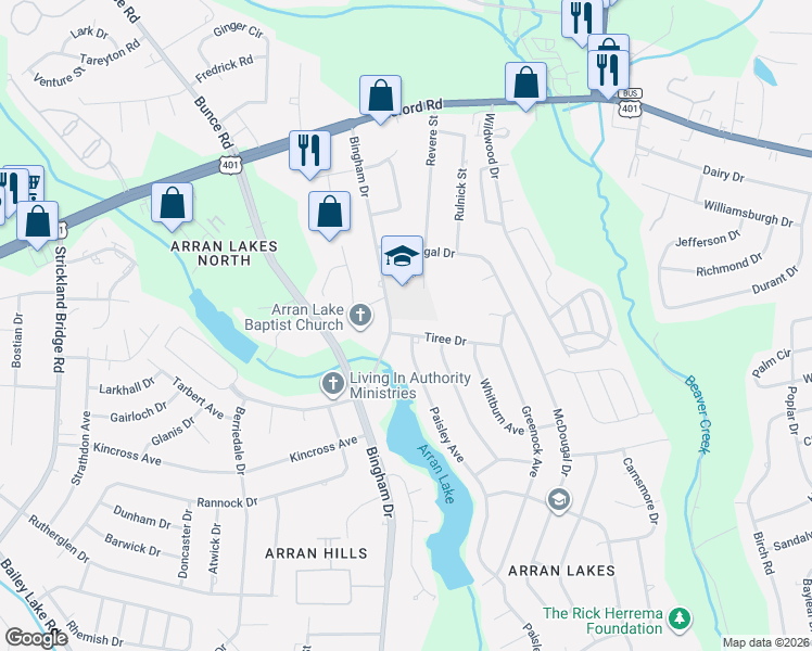 map of restaurants, bars, coffee shops, grocery stores, and more near 6220 Tiree Dr in Fayetteville